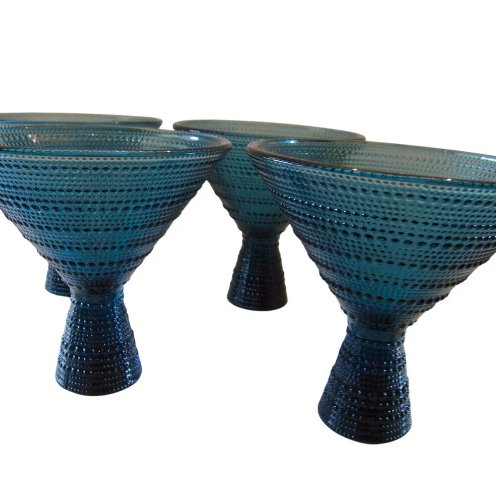 West Elm Beaded Jupiter Hobnail Peacock Blue Martini Glasses 11.5 oz Set of 4